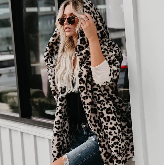 Women Leopard hooded jacket plush warm fuzzy jacket - Picture 6 of 7